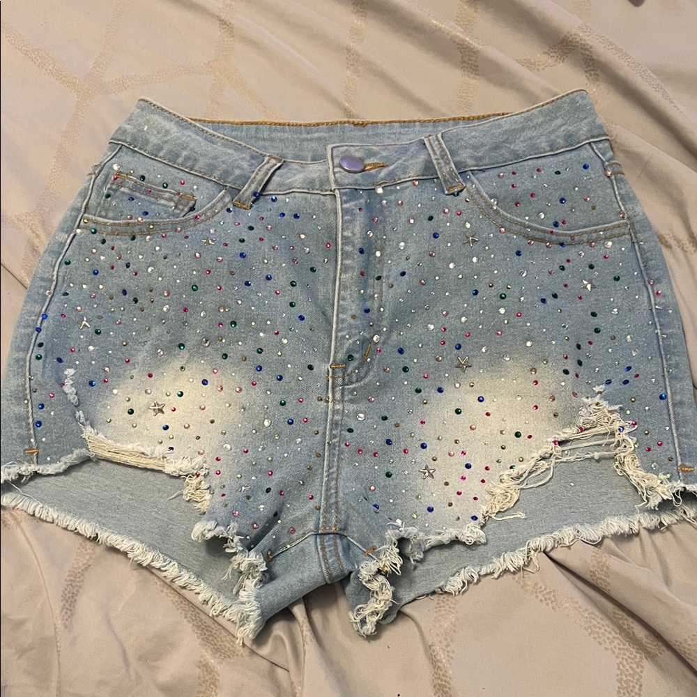 SHEIN Light Blue Embellished Jean Shorts